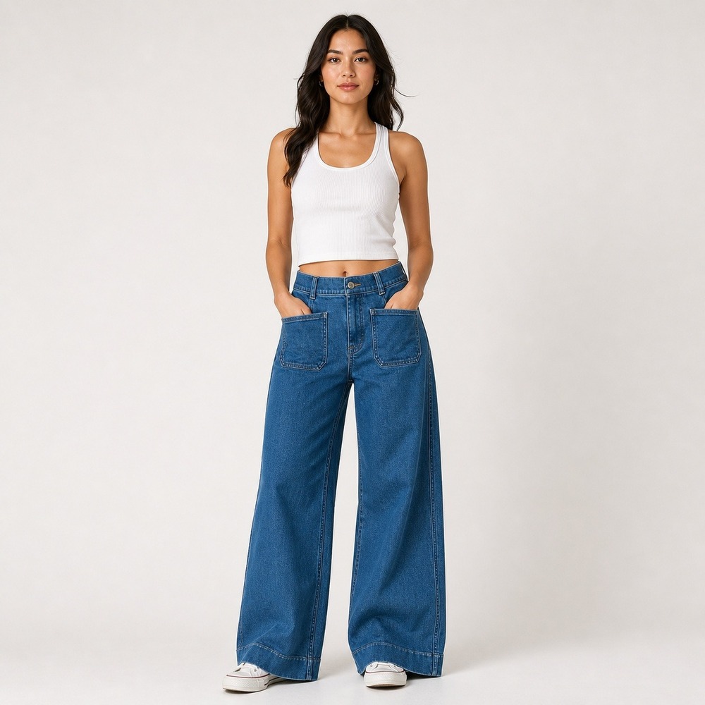 SPANX Wide Leg Patch Pocket Denim Jeans Blue Size Medium